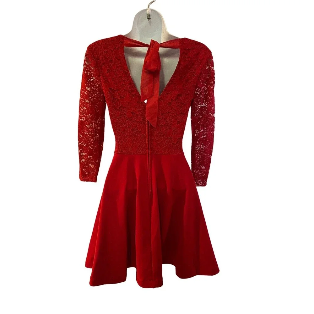 B. Darlin Lace Crepe Ruby Red Bow Back Skater Cocktail Party Bow Back Mini Dress - Picture 3 of 15